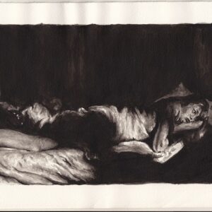 A monochromatic painting shows a person lying on their side in bed, head resting on a pillow, facing the viewer. The room is dimly lit, and the person appears contemplative or lost in thought.