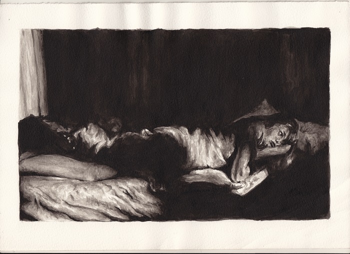 A monochromatic painting shows a person lying on their side in bed, head resting on a pillow, facing the viewer. The room is dimly lit, and the person appears contemplative or lost in thought.
