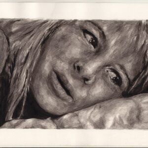 A black and white drawing of a person with long hair lying on their side, resting their head on a pillow and looking slightly upward with a thoughtful expression.