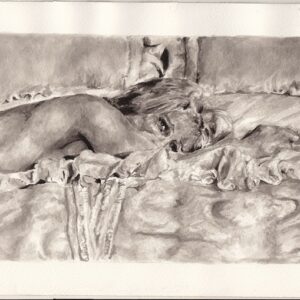 A greyscale painting of a person lying on their side on a bed, head resting on a pillow and body partially covered by a blanket, with visible patterns on the bedding.