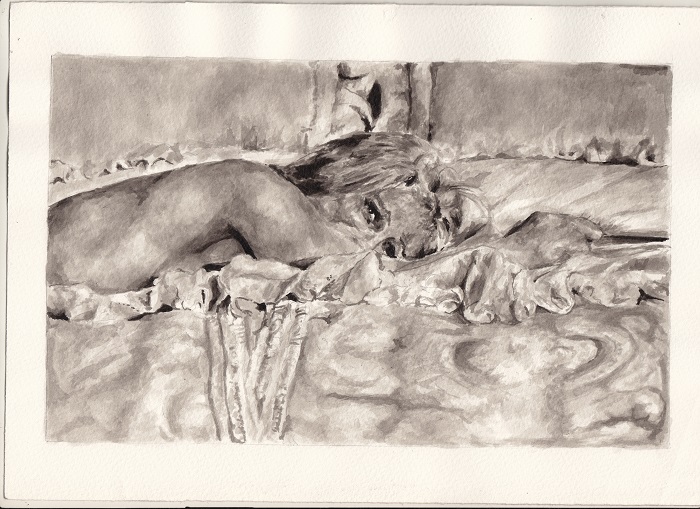 A greyscale painting of a person lying on their side on a bed, head resting on a pillow and body partially covered by a blanket, with visible patterns on the bedding.