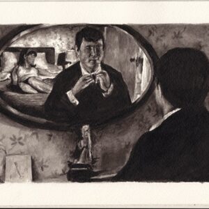 A man in a suit stands at a dressing table, adjusting his tie and looking into an oval mirror. In the reflection, a woman is lying on a bed in the background. The image is in black and white.