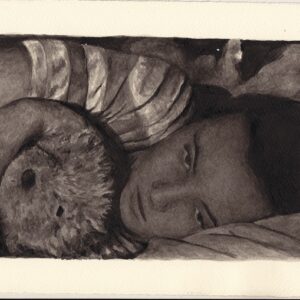 A greyscale painting shows a person lying on their side in bed, holding a soft toy close to their face. The person has a sombre expression and is partially covered by a blanket.