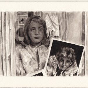 A greyscale painting shows a woman gazing out of a window, with a photograph of another woman in the foreground. Both figures wear similar clothing, set against a softly detailed indoor background.