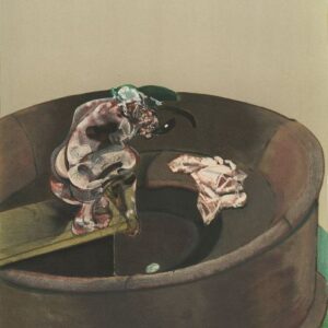 A distorted, abstract human figure sits on a curved platform within a large, round enclosure. A crumpled cloth lies nearby on the platform. The background is empty and muted in tone.