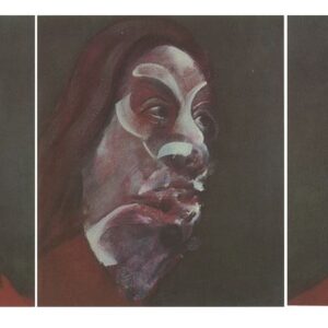 A triptych of three abstract, distorted portraits of a person with long dark hair against a dark background, painted with swirling brushstrokes in shades of red, white, and purple.