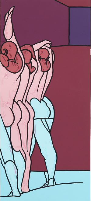 Three stylised human figures with pink skin and blue legs stand in a row, with arms raised and bent, set against a background of maroon and purple geometric shapes.